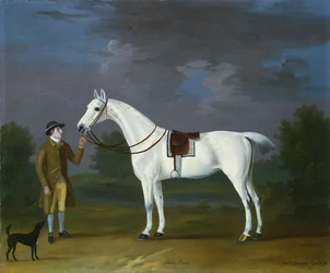 "Tabby Runt", un cazador gris con su dueño y un terrier en un paisaje fluvial, 1776