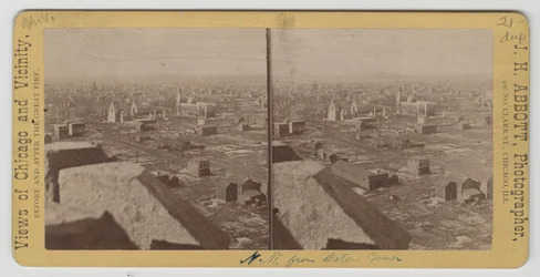 Vista estereográfica hacia el noroeste desde la Torre de Agua después del incendio de Chicago de 1871