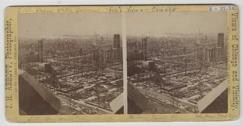 Vista estereográfica hacia el suroeste desde la Torre de Agua después del incendio de Chicago de 1871