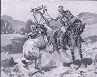 El mayor Brown, 14º de Húsares, sosteniendo el caballo del teniente Brown bajo fuego intenso (ilustración de After Pretoria: The Guerilla War, 1902)