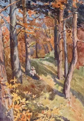 En el bosque de Sauvabelin, sobre Lausana (litografía en color)
