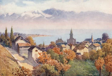 Morges y el lago desde la carretera de Vufflens (litografía en color)