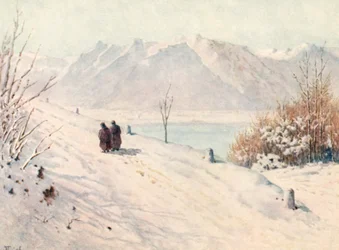 Los Alpes Saboyanos, invierno, desde la carretera de Caux, JHL (litografía en color)