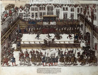 Torneo y muerte de Enrique II (30 de junio de 1559): en la boda de su hija (actualmente Place des Vosges) luchó contra Gabriel de Montgomery, capitán de su Guardia Escocesa, quien lo hirió con una lanza en el ojo. Grabado del siglo XVI por Pe.