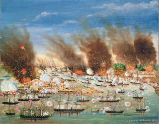 La flota de Farragut pasando Fort Jackson y Fort St. Philip, 1862