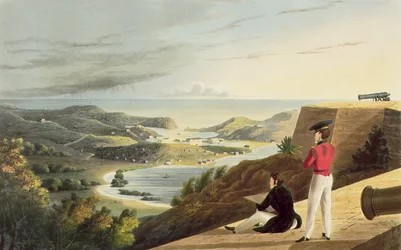 Vista del Puerto Inglés, Antigua desde el Fuerte Great George, Monks Hill, grabado por T. Fielding, pub. por T. y G. Underwood, 1827