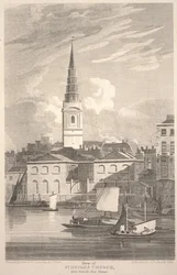 Vista de la iglesia de St. Brides, tomada desde el río Támesis, grabado por Matthews
