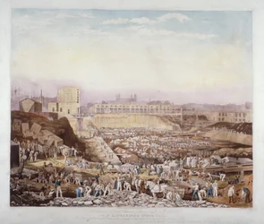 Vista de las obras de construcción en el muelle de St Katherine, Stepney, Londres, enero de 1828