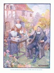 Milton sentado en su jardín en la puerta de su casa, de Literatura Inglesa pub. por T C & EC Jack, c.1920
