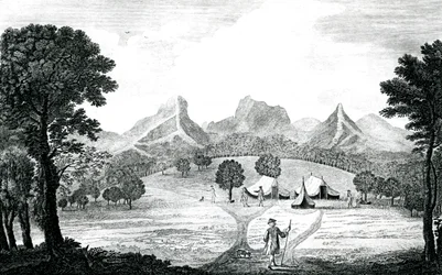 Vista de la tienda del comodoro en la isla de Juan Fernández, c.1745