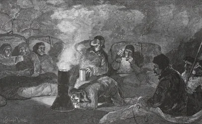 Interior de nuestra cabaña de invierno en Camp Clay, durante la cocción, 1883
