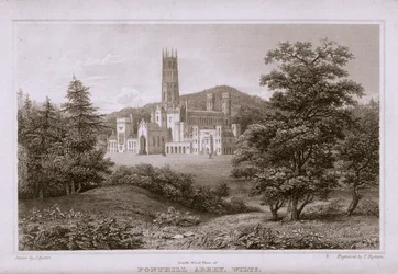 Vista suroeste de la Abadía de Fonthill, grabada por T. Higham, 1823