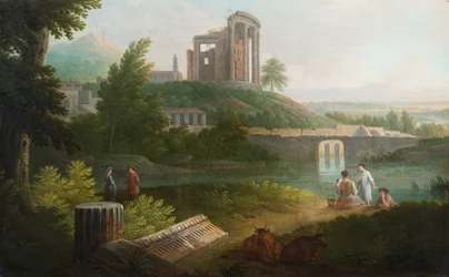Paisaje pastoral italiano con ruinas clásicas en un acantilado sobre un lago (óleo sobre lienzo)