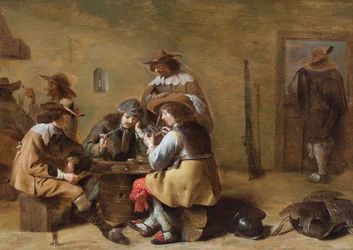 Interior de un cuerpo de guardia con caballeros jugando a las cartas (óleo sobre tabla)
