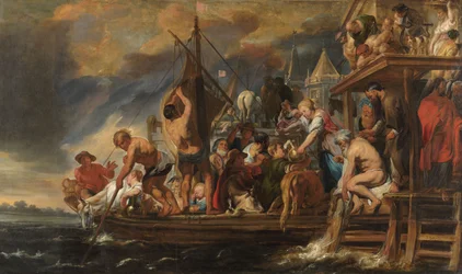 Un transbordador parte mientras San Pedro encuentra una moneda en la boca de un pez, c.1621-1650 (óleo sobre lienzo)