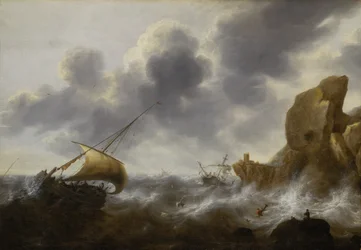 Barco de pesca en una costa rocosa con un naufragio, c.1664-65 (óleo sobre tabla)