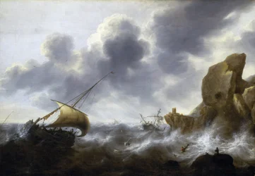 Un barco pesquero atrapado en una tormenta cerca de una costa rocosa, con un naufragio. Óleo sobre lienzo de Jacob Adriaensz Bellevois (1621-1675).