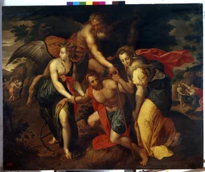 Las tres edades de la vida humana. (Las Tres Edades). Un hombre en la flor de la vida es sostenido por ángeles mientras vacila, a la derecha, un joven sale de una cueva, cerca de él una mujer arrodillada hace un gesto para detenerlo y a la izquierda