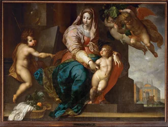 Santa María con el niño Jesús, el joven San Juan Bautista y ángeles (pintura sobre lienzo)