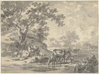 Paisaje con pastor y ganado debajo de un árbol junto al agua.