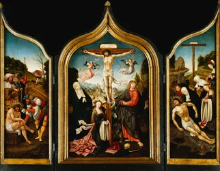 Un tríptico: Cristo en la cruz con la Virgen, la Magdalena, San Juan Evangelista y ángeles; en las alas Cristo ofrecido vinagre antes de la crucifixión y el lamento, la agonía en el jardín y Ecce Homo