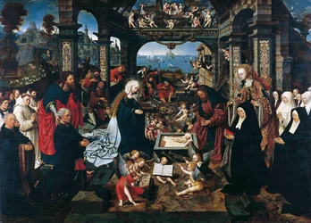 Holandés: La Natividad con Margriet Dirck Boelensdr. y su familia, San Andrés y Santa Margarita La Natividad