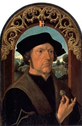 ""Portrait of a man"" (Retrato de un hombre) Retrato de un hombre de la burguesía holandesa, sosteniendo una joya de plata en la mano. Pintura de Jacob Cornelisz van Oostsanen (circa 1470-circa 1533) Museo del Hermitage San Petersburgo