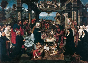 La Natividad de Cristo por Cornelisz van Oostsanen, Jacob (Jacob Cornelisz van Amsterdam) (c. 1470-1533). oleo sobre madera