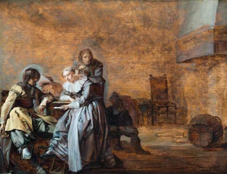 Un interior con caballeros y una mujer jugando a las cartas (óleo sobre tabla)