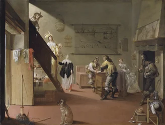 Elegante compañía fumando y bebiendo en una posada / Escena de burdel