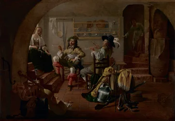 Interior con soldados y mujeres
