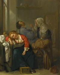 Pareja durmiendo y una criada en un interior