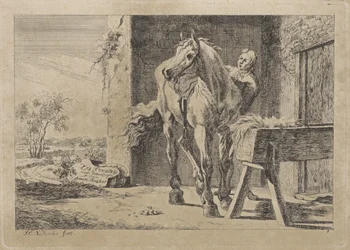 Figura con un caballo en un pesebre Seis grabados a partir de dibujos de varios maestros (título de la serie sobre el objeto)