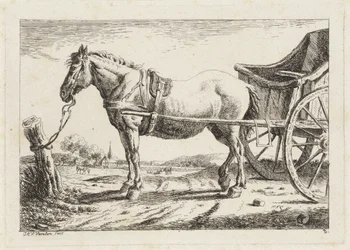 Caballo de pie, enganchado delante de un carro. Seis grabados a partir de dibujos de varios maestros (título de la serie)