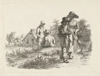 Mujer ciega y figuras conversando en una granja Impresiones de estudio / Etudes gravées (título de la serie)