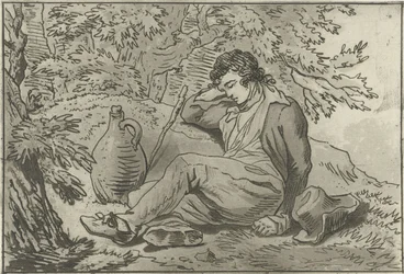 Joven sentado junto a una jarra
