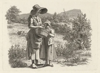 mujer joven, y, un, niño, mirar, en, un, cesta Impresiones de estudio / Etudes gravées (título de la serie)