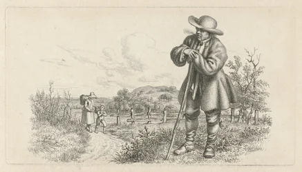Hombre apoyado en un palo y una mujer con un niño en un camino rural Impresiones de estudio / Etudes gravées (título de la serie)