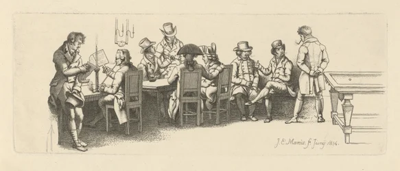 Hombres en una cafetería con una sala de billar, 1814