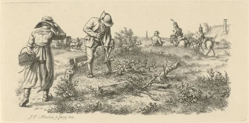Hombre cavando, mujer con canasta y soldados a caballo Impresiones de estudio / Etudes gravées (título de la serie)