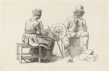 Hoja de estudio con una mujer en una rueca y un hombre sentado Impresiones de estudio / Etudes gravées (título de la serie)