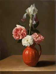 Ramo de iris y tres rosas en una olla de loza, pintura de Jacob Foppens van Es (ca 1596-1666)