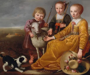 Tres niños con una cabra y un perrito en un paisaje, 1639
