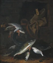 Bodegón de pescado con lucio y sargo sobre pared
