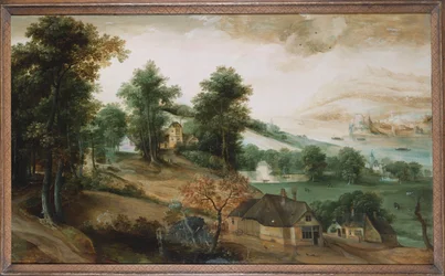 Un paisaje extenso con cabañas en primer plano, 1561
