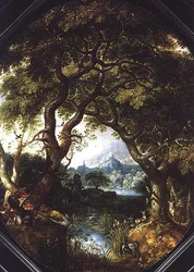 Paisaje boscoso con cazadores junto a un arroyo