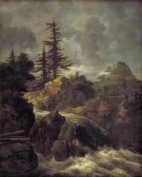 Paisaje con una cascada y una cabaña