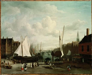 Puerto con veleros y puestos de mercado (pintura sobre lienzo)