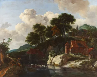 Paisaje montañoso con molino de agua, hacia 1670