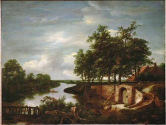 Paisaje fluvial y entrada a una bodega (pintura sobre madera de roble)
